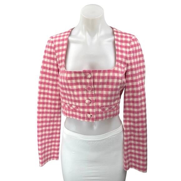 ZARA Women's Pink White Checkered Plaid Long Sleeve Button Shirt Crop Top Size M - Picture 1 of 5